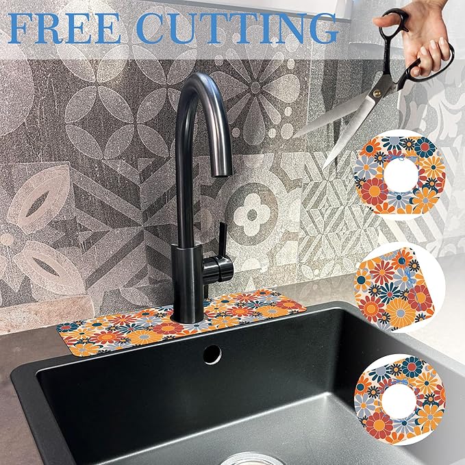 Retro Abstract Floral Faucet Mat Splash Guard Colorful Floral, Soft Diatom Mud Material, Strong Water Absorption, Non-slip,Easy to Clean for Bathroom, Kitchen 15"X5.5"
