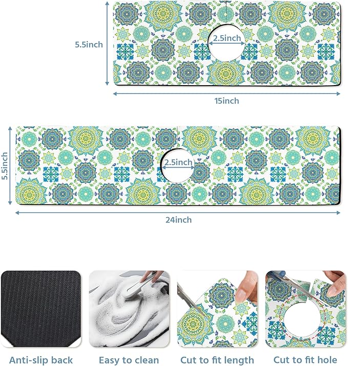 Patterned Sink Faucet Mat Kitchen Splash Guard Super Absorbent Drying Mat, Non-Slip Drain Pad for Kitchen Counter or Bathroom-15x5.5in