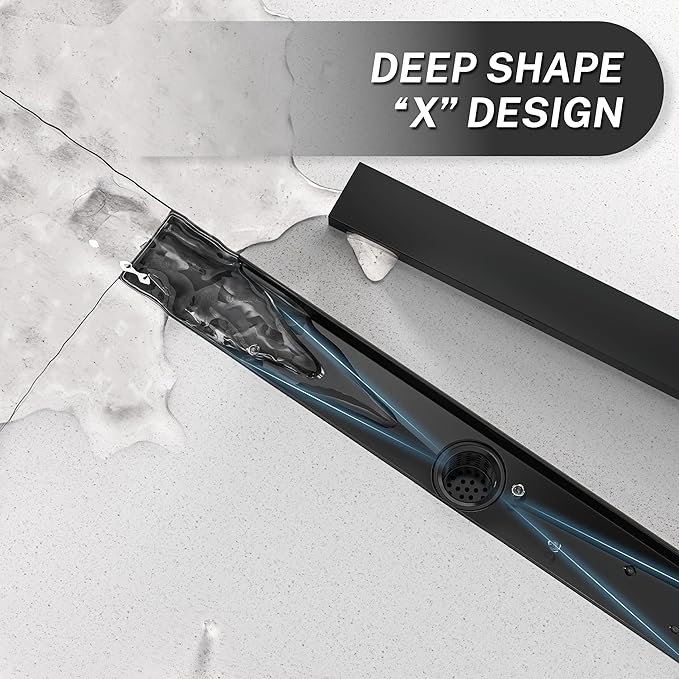 Linear Shower Drain.18 Inch Shower Trench Drain with 2-in-1 Flat Cover & Inser Cover,304 Stainless Rectangle Steel Shower Floor Drain with Hair Strainer and Leveling Feet (Black, 18 in)