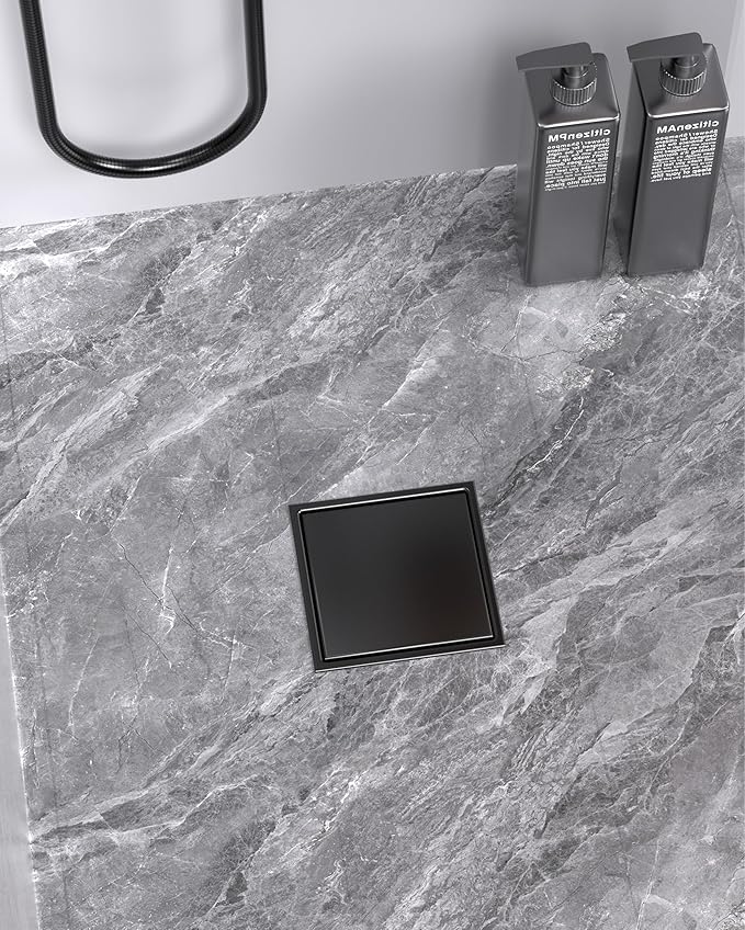 6 Inch Square Shower Drain with Flange Reversible 2-in-1 Cover Tile Insert Grate SUS 304 Stainless Steel, Hair Catcher, Anti-Clog, Rust-Resistant, Fast Drainage (Black)