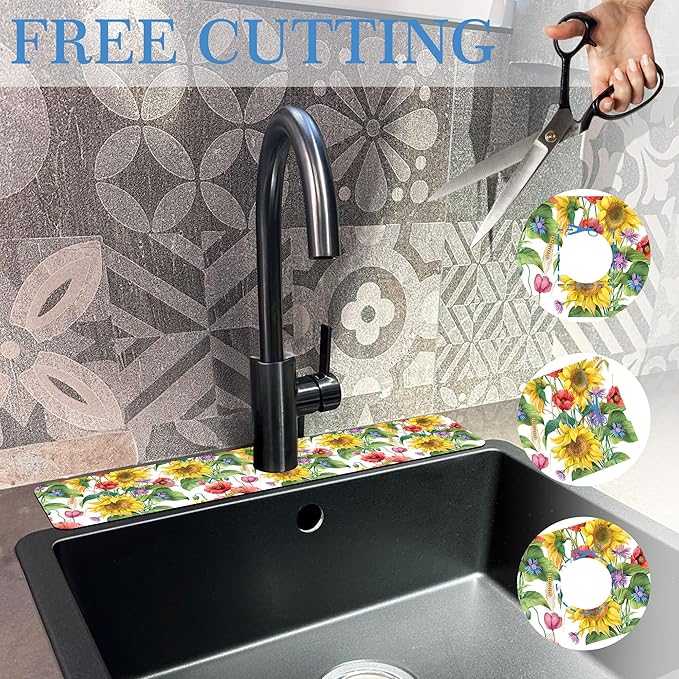 Faucet Mat for Kitchen Sink Sunflower Cornflower Poppy Barley, Soft Diatom Mud Material, Strong Water Absorption, Non-slip, Easy to Clean for Bathroom, Kitchen 23.5"X5.5"