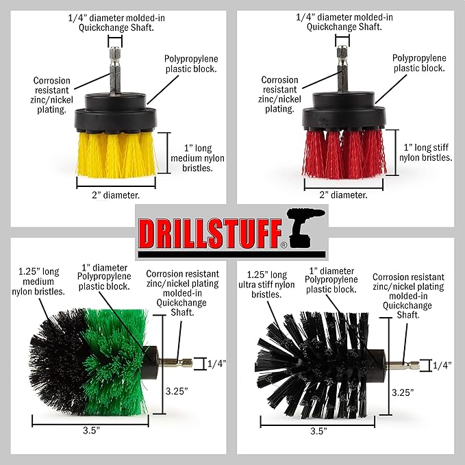 Power Scrubbing Brushes - Cordless Drill Attachment Set - Shower Cleaning Brush for Drill - Stiff Bristle Concrete/Deck Scrub Brushes - Kitchen Stove/Oven/Sink Scrubber - Safe BBQ Grill Cleaning