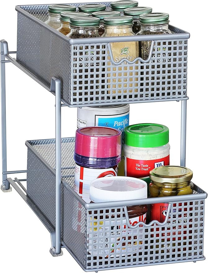 DecoBrothers 2 Tier Bathroom Storage Organizer with Pull-Out Drawer, Silver