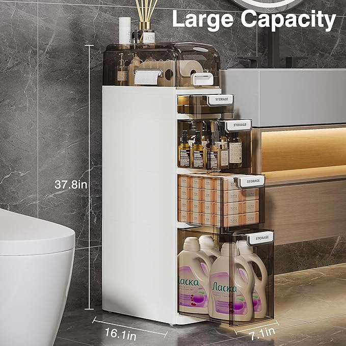 VECELO 5-Tier Narrow Toilet Storage Cabinet, Plastic Slim Toilet Paper Storage with Drawers & Wheels, Space-Saving, for Small Spaces, Laundry Room, Kitchen, Office, White