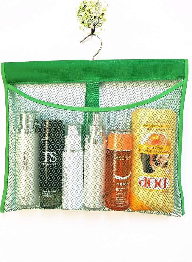 Portable Mesh Pocket with Rotatable Hanger, Quick Dry Serial Type Bath Storage Organizers for Travel, Camper, RV, Gym, Cruise, Cabin, College Dorm Shower(Green)