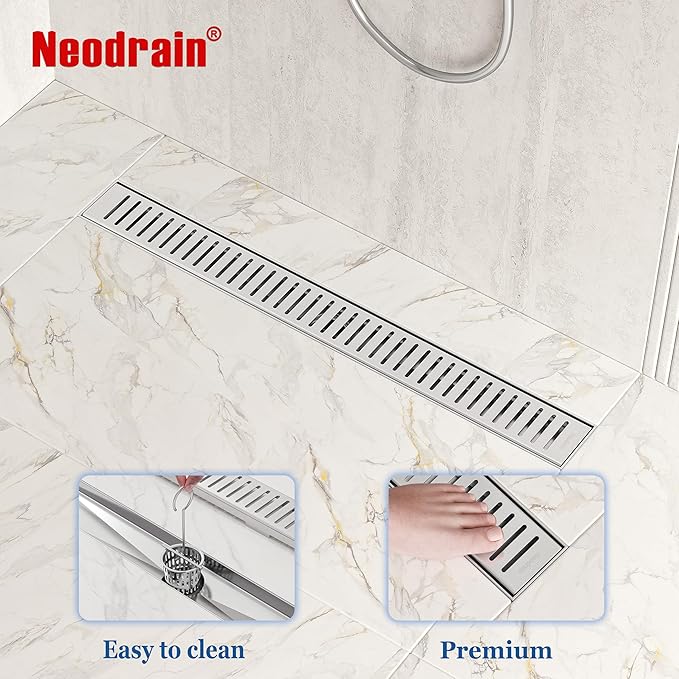Neodrain 24" Brushed Linear Shower Drain Shower Linear Drain, Removable Capsule Pattern Grate, Bathroom 304 Stainless Steel Rectangle Shower Floor Drains- CUPC Certified