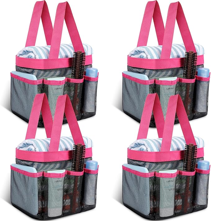 Hillban 4 Pcs Mesh Shower Caddy Portable Large Quick Dry Shower Caddy Basket with Deeper 8 Pockets and 2 Handles Hanging Bag for College Dorm Room(Rose Red)