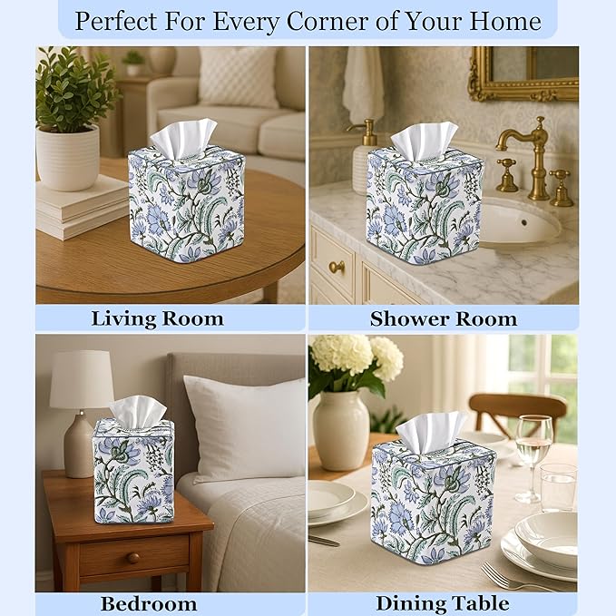 Ridhi Columbia Blue Block Print Tissue Box Cover – Handmade Cotton Fabric Tissue Holder for Home Bedroom Living Room Bathroom Vanity Car Nightstand Office Kitchen – Decorative Square Napkin Holder