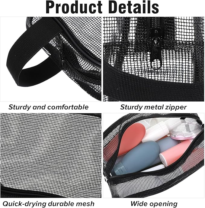 1 Pcs Portable Travel Mesh Toiletry Bag Mesh Shower Caddy Quick Dry Tote Bags Dorm Toiletry Organizer for Women Men Gym Bag Camping Organizer Hanging Bathroom Mesh Bag Black 9.8 × 6.3 × 4.3 Inch