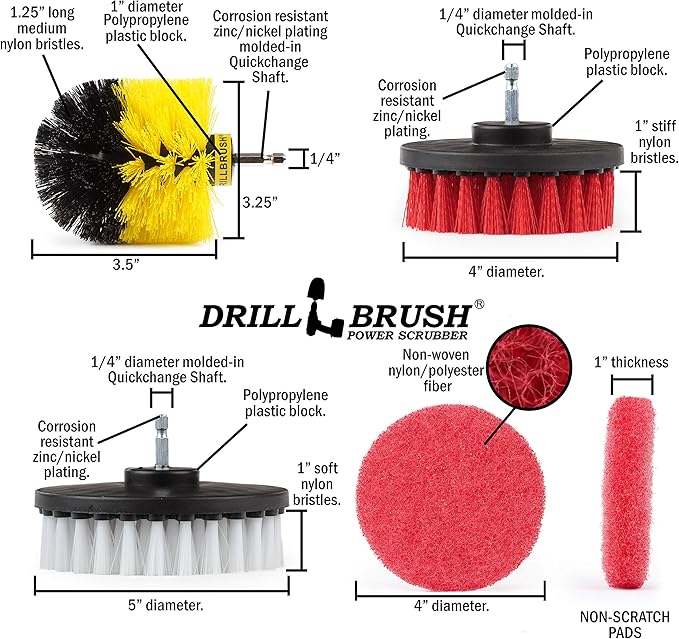 Drillbrush Variety & Medium Stiffness Green Kitchen Cleaning Kit - 7 Brushes & 3 Pads - Tile, Grout, Bathtub, Sinks & More - Nylon Bristles & Pads - 90 Day No Questions Asked Return