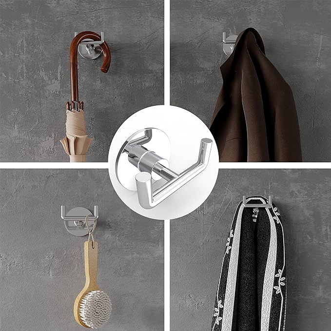 Ruacq Adhesive Double Towel Hook Chrome Round Base Bathroom Robe Self-Adhesive Towel Holder Hand Towel Hanger Stainless Steel and Zinc Alloy Modern Polished Chrome 2 Pack