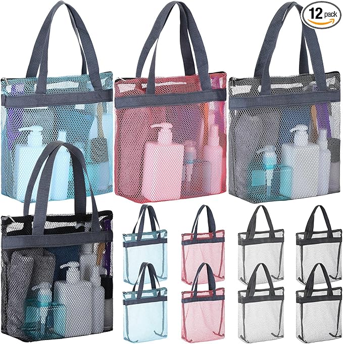 12 Pcs Mesh Shower Caddy Portable 12.2 x 10.24 In Large Gym Shower Bag Bulk with Zipper Quick Dry Shower Bag Hanging Toiletry and Bath Organizer for Swimming Camping Travel College Dorm Beach Sports
