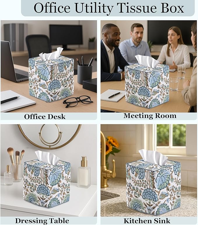 Ridhi Asparagus Green Block Print Tissue Box Cover Handmade Cotton Fabric Decorative Square Napkin Holder for Home Bedroom Living Room Bathroom Vanity Countertop Car Night Stands Office Kitchen