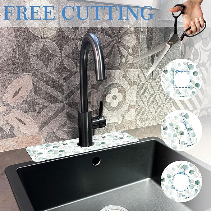 Faucet Mat for Kitchen Sink Watercolor Green Leave Branche, Soft Diatom Mud Material, Strong Water Absorption, Non-slip, Easy to Clean for Bathroom, Kitchen 15"X5.5"