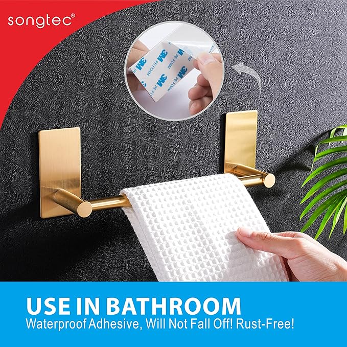 Songtec Gold Towel Bar 9-Inch, Adhesive Bath Towel Rack No Drill, Strong Adhesion Tape Mount Towel Holder, Stainless Steel - Brushed Gold