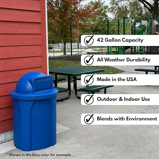 Campus Collection 42 Gallon Round 100% Recycled Plastic Heavy-Duty Commercial Outdoor and Indoor Trash Can with Push Open Dome Lid and Internal Liner | Great for Schools and Businesses - Brown
