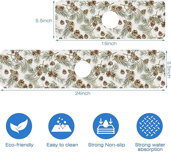 Abstract Pine Cones Sink Faucet Absorbing Mat Splash Guard Behind Faucet Sink Mat Absorbent Fast Drying Faucet Draining Mat for Bathroom Kitchen 5.5"×24"