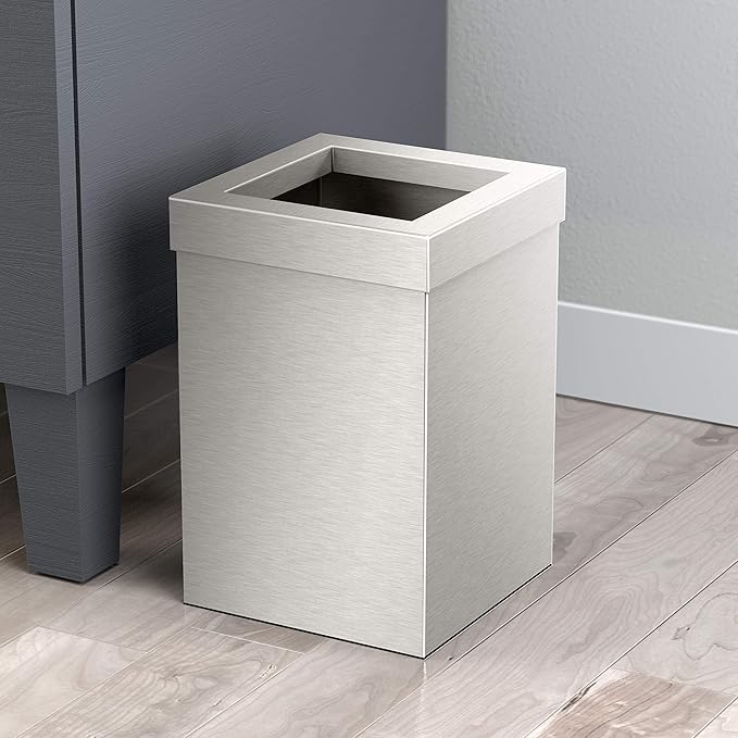 Gatco Modern Square Waste Basket and Toilet Brush Set, Satin Nickel - Stainless Steel Trash Can with Removable Lid, Leakproof, 3 Gallon Capacity for Bathroom, Bedroom, Kitchen, or Office