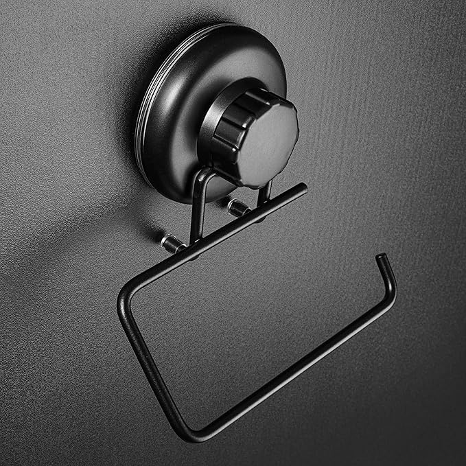 Powerful Vacuum Suction Cup Toilet Paper Holder – Wall Mount No Drilling Bathroom Stainless Steel Tissue Roll Dispenser – Adhesive 3M Stick Disc Included (Black)