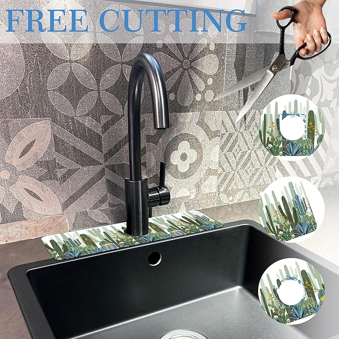 Faucet Mat for Kitchen Sink West Wild Cactu Forest, Soft Diatom Mud Material, Strong Water Absorption, Non-slip, Easy to Clean for Bathroom, Kitchen 15"X5.5"