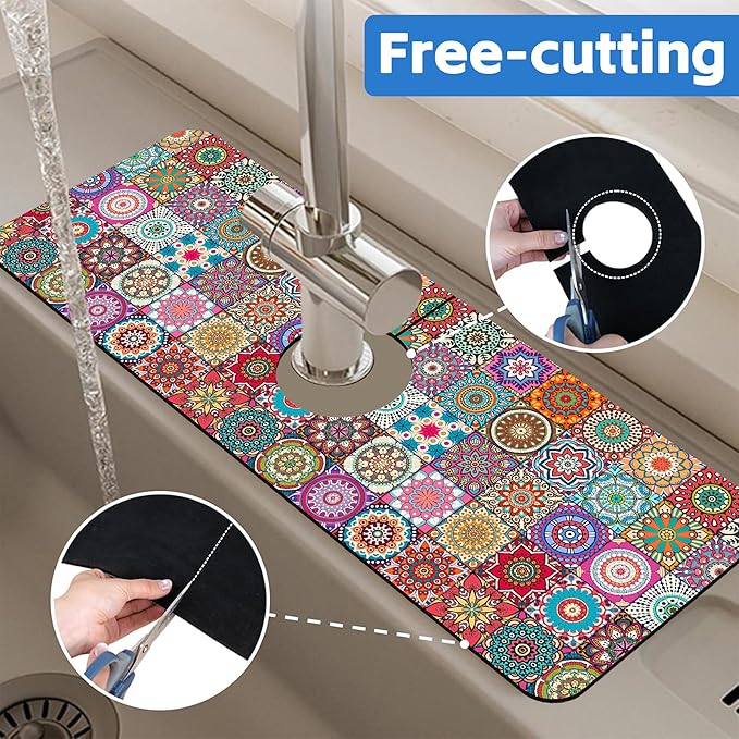 Faucet Draining Mat For Kitchen Sink Mexican Tiles Diatom Mud Absorbent Drain Pad For Bathroom Kitchen Sink Splash Guard Drying Mat 5.5"×15"