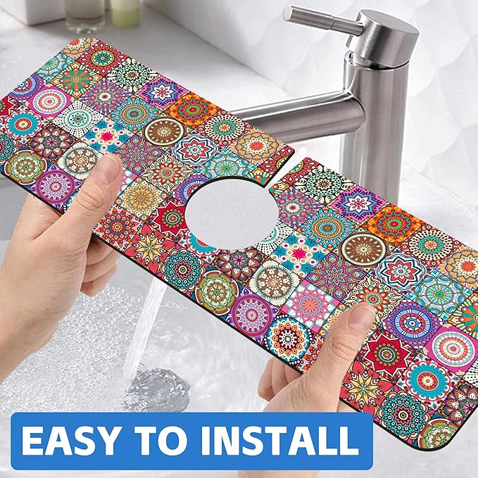 Faucet Draining Mat For Kitchen Sink Mexican Tiles Diatom Mud Absorbent Drain Pad For Bathroom Kitchen Sink Splash Guard Drying Mat 5.5"×15"