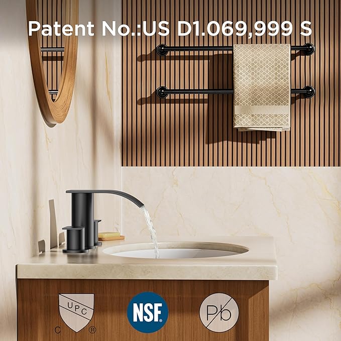 FORIOUS Upgrade Matte Black Bathroom Faucets 3 Hole, Waterfall 8 Inch Widespread Bathroom Sink Faucet with Pop-up Drain and Supply Lines, Two Handles for Vanity, Farmhouse, School Sink
