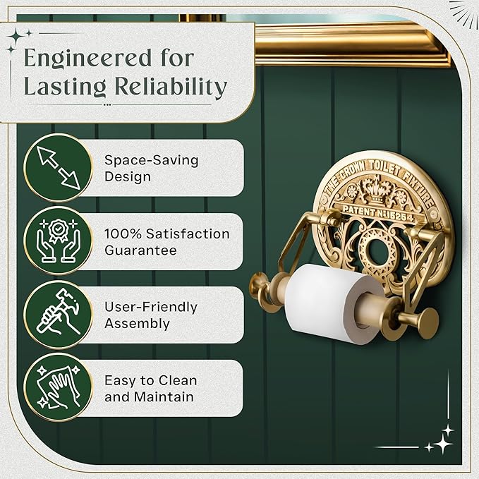 Bright Brass Wall Mount Toilet Paper Holder 7.25" Wide Vintage Crown Style Solid Brass Easy Install Toilet Tissue Paper Holders with Wooden Roll for Bathroom | Renovators Supply Manufacturing
