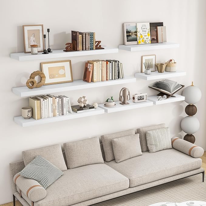 RICHFOCUS 48Inch Floating Shelves for Wall 2 Pack Shelves for Bedroom|Kitchen|Bathroom Wall Mounted Rustic Wood Floating Shelf with Invisible Brackets for Books|Storage|Decor, White