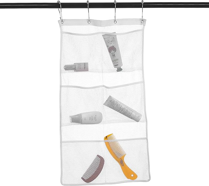 Bsagve 2 Pack Mesh Hanging Caddy Organizer with 6 Pockets, Shower Curtain Rod Liner Hanging Storage Pockets Bathroom Hanger, Bath Toy Holder