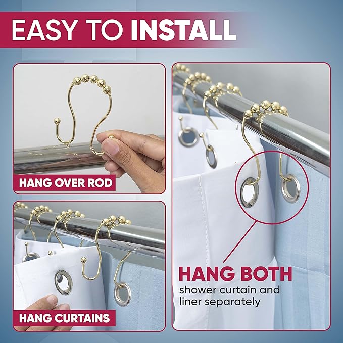 Shower Curtain Hooks Rust Proof (Set of 12) - Stainless Steel Shower Curtain Rings - Anti Slip Roller Balls for Easy Glide (Omega Double Hooks, Polished Gold)