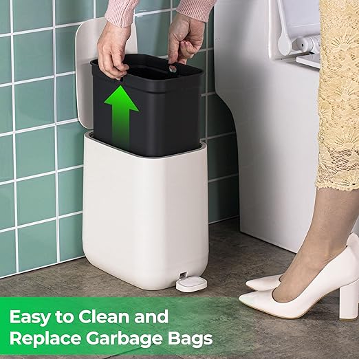 1.85 Gallons 7 Liters Slim Small Kitchen Trash Can with Lid Soft Close Dust Bin Step Pedal Garbage Waste Home Bathroom Office ABS Smooth Washable Cubo de Basura Cocina Ivory
