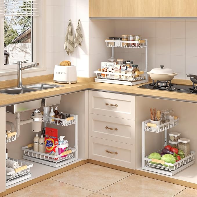 2 Packs Under Sink Organizer, Height Adjustable 2 Tier Under Kitchen sink organizer, Multi-Purpose Storage Shelf for Kitchen Bathroom Cabinet (White)