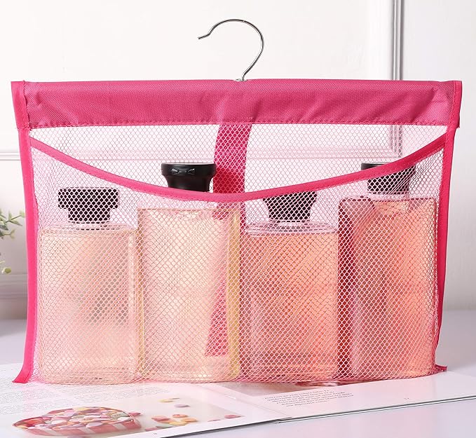Portable Mesh Pocket with Rotatable Hanger, Quick Dry Serial Type Bath Storage Organizers for Travel, Camper, RV, Gym, Cruise, Cabin, College Dorm Shower(Pink)