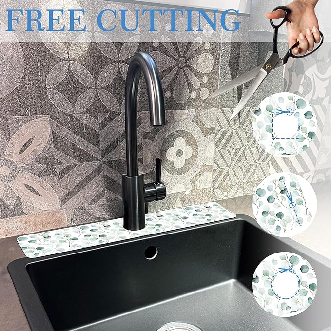 Faucet Mat for Kitchen Sink Watercolor Green Leave Branche, Soft Diatom Mud Material, Strong Water Absorption, Non-slip, Easy to Clean for Bathroom, Kitchen 23.5"X5.5"