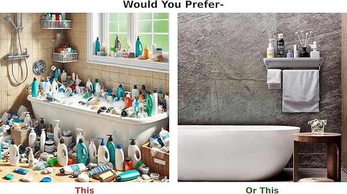 Shower Caddy - Wall Mounted - with Towel Bar - Extra Strong Self Adhesive - No Drilling - Easy Drainage - Stylish and Space Saving - Rustproof (White/Gray)