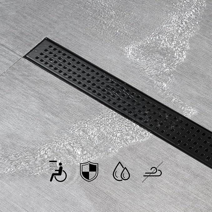 SaniteModar Linear Shower Drain, Matte Black Shower Drain 24 inch with Removable Grate,Brushed 304 Stainless Steel Shower Drain Include Hair Strainer,Adjustable Leveling Feet