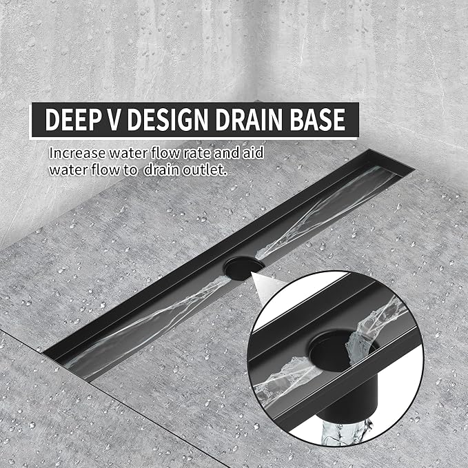 Linear Shower Drain 24 inch, Floor Drain with Removable Pattern Grate, 304 Stainless Steel Rectangular Linear Drain with Hair Strainer, CUPC Certified, Matte Black, SD-104
