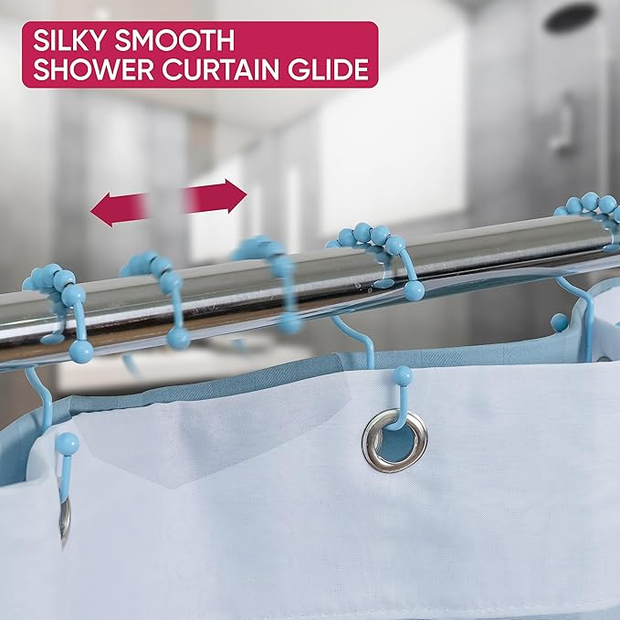 Shower Curtain Hooks Rust Proof (Set of 12) - Stainless Steel Shower Curtain Rings - Anti Slip Roller Balls for Easy Glide (Double Anchor Hooks, Sky Blue)