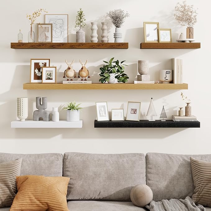 Fun Memories Floating Shelves 30 Inch, Wall Mounted Wood Shelf Set of 2, Farmhouse Decor for Bathroom, Bedroom, Kitchen, Living Room, Walnut