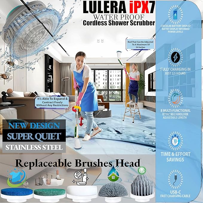 Smart Electric Spin Scrubber PRO| 2025 New Upgraded Quiet Cordless Shower Scrubber with 8 Replaceable Brush Heads|IPX7 Waterproof for Bathroom Tile Grout Kitchen Oven & Floor|Powerful and Efficient