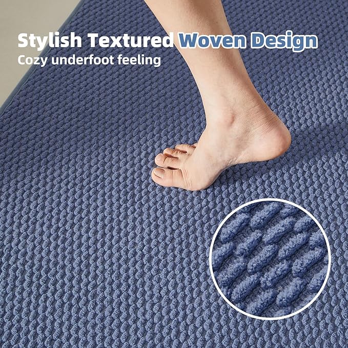Bathroom Rugs Non Slip Washable, Super Absorbent Thin Bath Mat Quick Dry Low Pile Bathroom Rug, Denim Blue 24"x47"