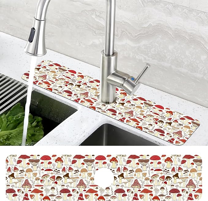 Cartoon Mushrooms Dish Drying Mat for Kitchen Sink Splash Guard Behind Faucet Sink Mat Absorbent Fast Drying Faucet Draining Mat for Bathroom Kitchen 5.5"×24"