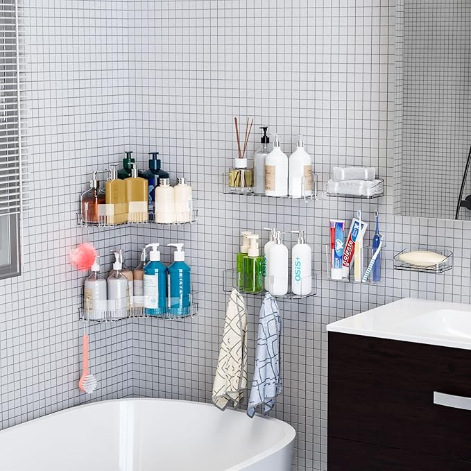 SuoXing 7 Pack Adhesive Corner Shower Caddies,100% Rustproof Acrylic Shower Shelves for Inside Shower,Large Capacity Plastic Wall Mounted Bathroom Shower Organizer with 8 Hooks,No Drilling,Clear