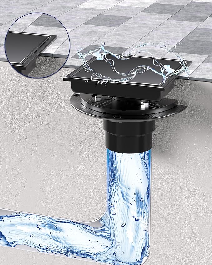 6 Inch Square Shower Drain with Flange Reversible 2-in-1 Cover Tile Insert Grate SUS 304 Stainless Steel, Hair Catcher, Anti-Clog, Rust-Resistant, Fast Drainage (Black)