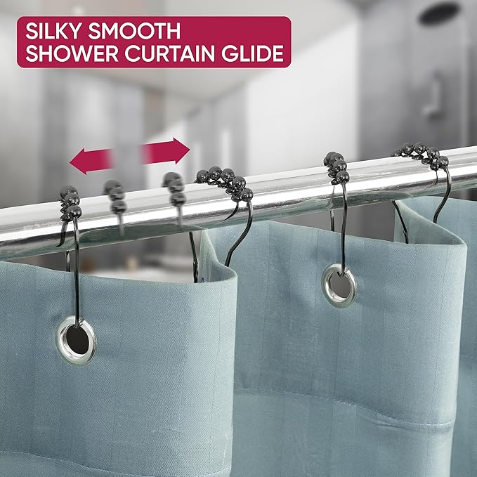 Shower Curtain Hooks Rust Proof (Set of 12) - Stainless Steel Shower Curtain Rings - Anti Slip Roller Balls for Easy Glide (Secure Lock Hooks, Bronze)